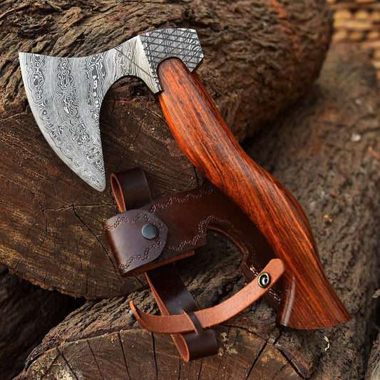 Custom Hand Forged Damascus Steel Viking Bearded Camping Hatchet Tomahawk Axe with Natural Wood Handle and Leather Sheath