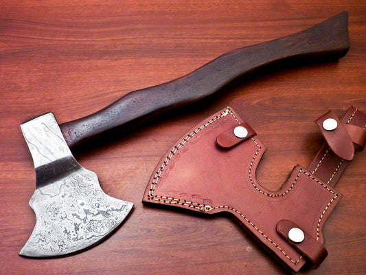Hand Forged Damascus Steel Walnut Wood Tomahawk Hatchet Axe with Leather Sheath
