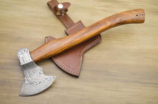 Hand Forged Damascus Tomahawk Axe with Natural Wood Handle 14 Inch