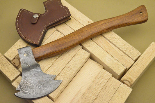 Hand Forged Damascus Tomahawk Axe with Natural Wood Handle and Leather Sheath