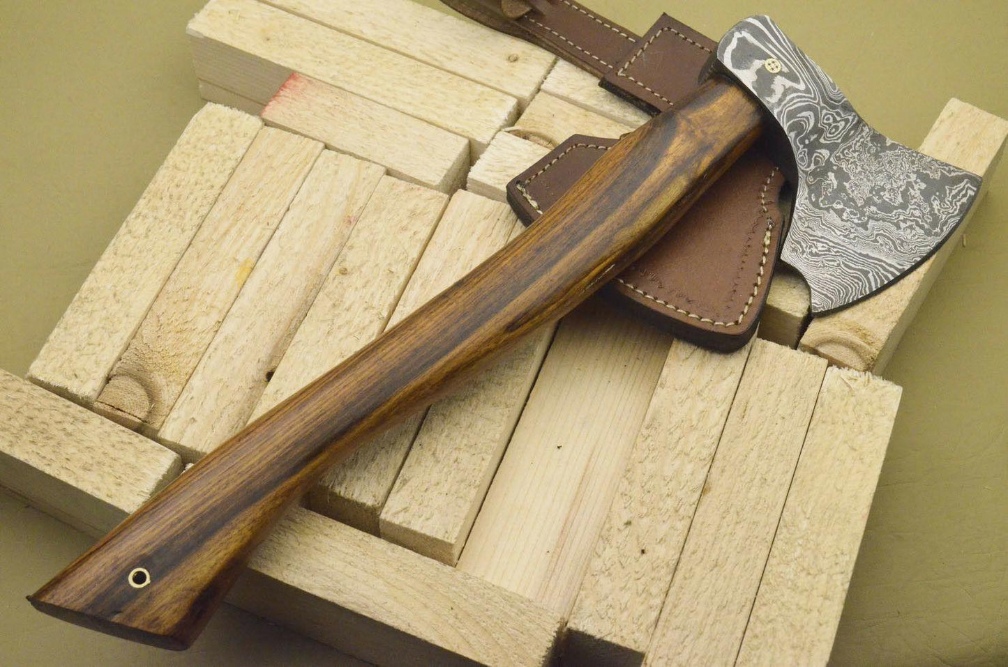 Hand Forged Damascus Tomahawk Knife Hatchet Axe with Wood Handle and Leather Sheath