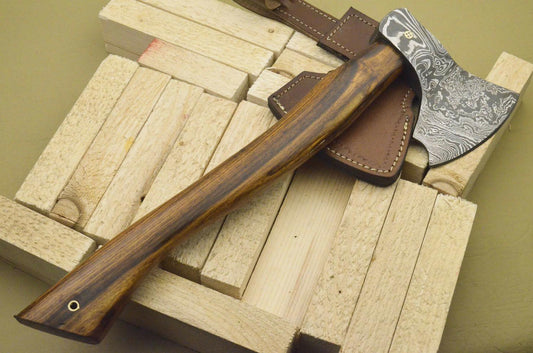 Hand Forged Damascus Tomahawk Knife Hatchet Axe with Wood Handle and Leather Sheath