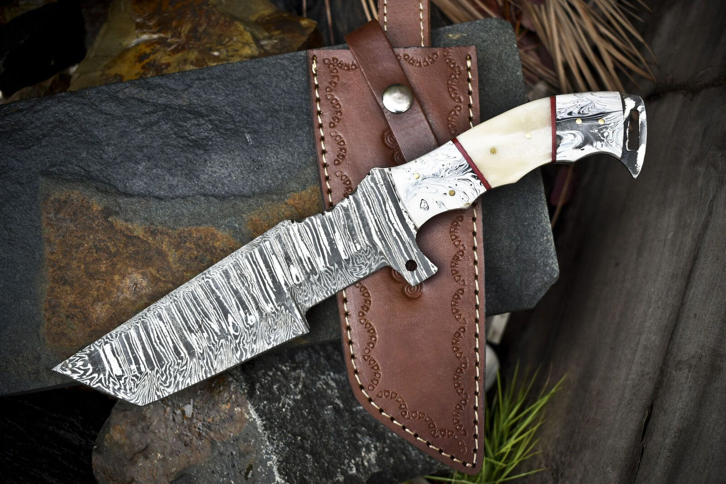 Hand Forged Damascus Tracker Knife | Twist Pattern Bone Handle with Micarta Bolster