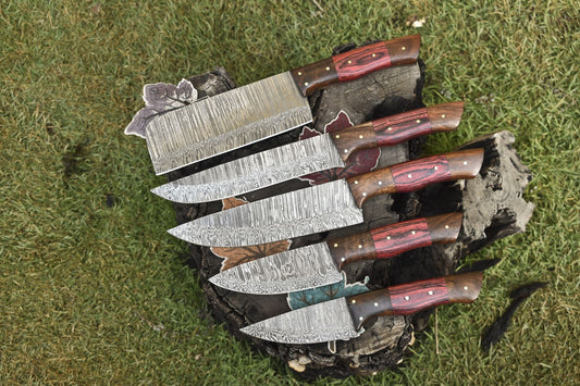 Hand Forged Handmade Chef Knife Set Twist Damascus Steel with Hard Wood Handles – Lot of 5 EDC Knives