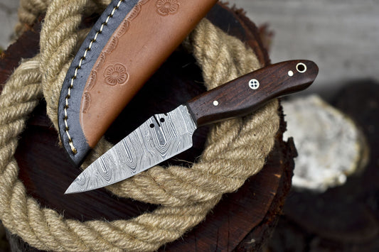 Hand Forged Handmade Damascus Skinner Knife 6.6 Inch with Hard Wood Handle W/ Leather Sheath