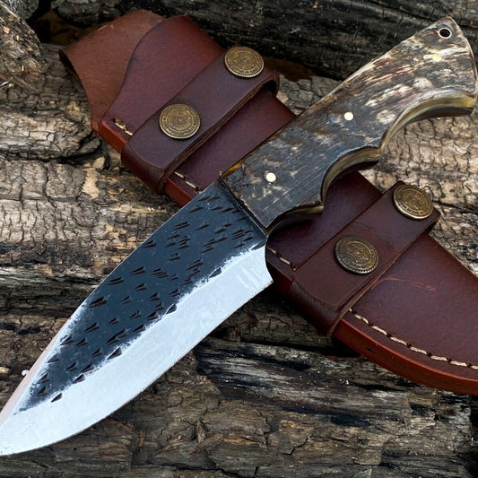 Hand Forged High Carbon Steel 8" EDC Bowie Hunting Knife | Ram Horn Handle & Leather Sheath