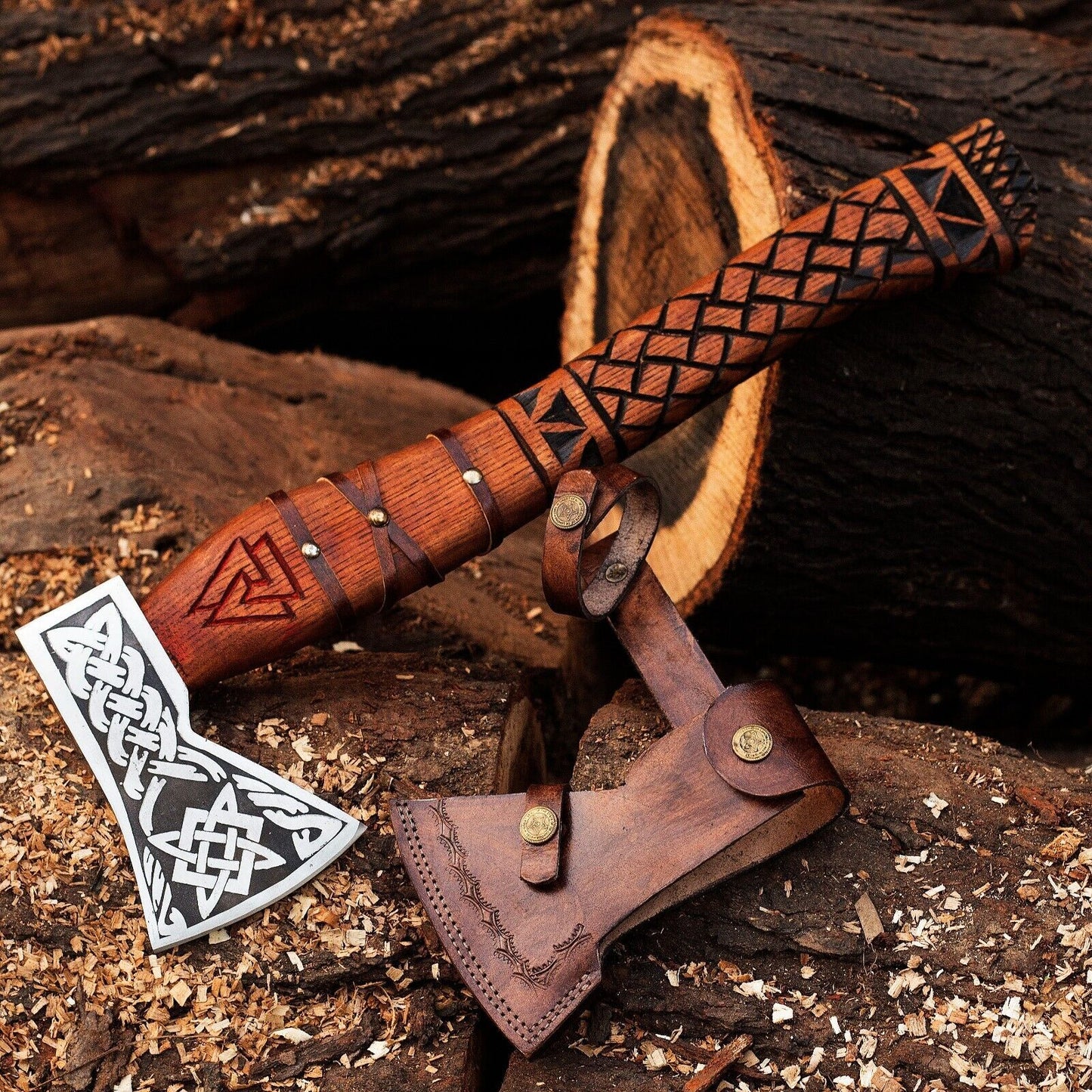 Hand Forged High Carbon Steel Axe Combat Axe with Ash Wood Handle & Leather Sheath