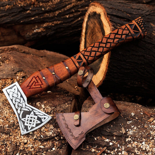 Hand Forged High Carbon Steel Axe Combat Axe with Ash Wood Handle & Leather Sheath