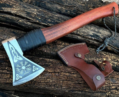 Hand Forged High Carbon Steel Axe Viking Axe with Ash Wood Handle and Leather Sheath