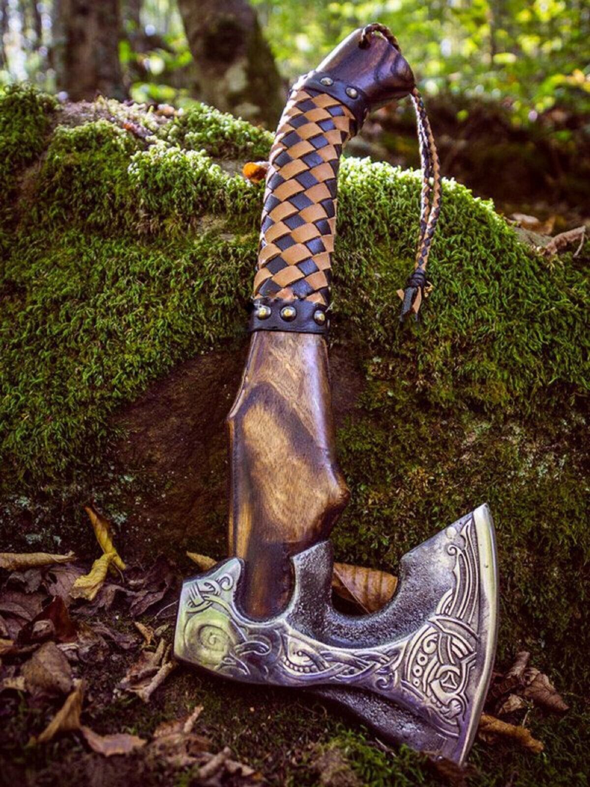 Hand Forged High Carbon Steel Axe Viking Throwing Axe with Ash Wood Handle and Sheath
