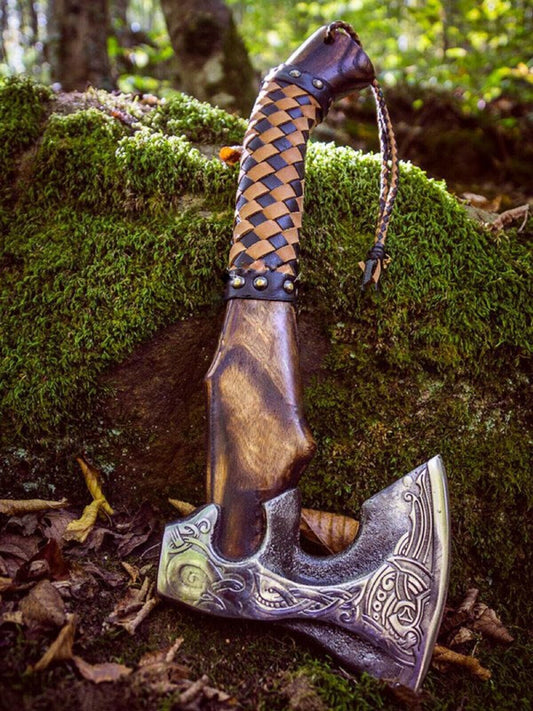 Hand Forged High Carbon Steel Axe Viking Throwing Axe with Ash Wood Handle and Sheath