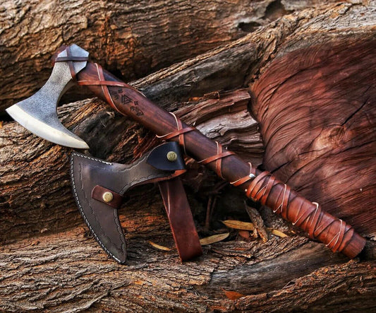 Hand Forged High Carbon Steel Viking Tomahawk Axe with Wooden Handle and Leather Sheath