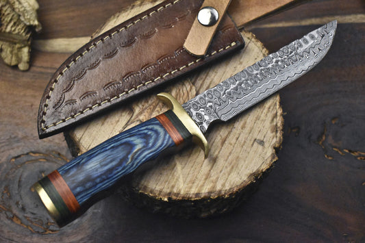Hand Forged Hunting Skinner Knife Rain Drop Damascus Hard Wood Brass Guard with Leather Sheath