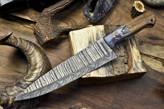 Hand Forged Knife Chef Knife – Twist Damascus Walnut Wood Hiking & Kitchen Knife