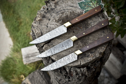 Hand Forged Knife Chef Knife Twist Damascus Walnut Wood Lot of 3 EDC