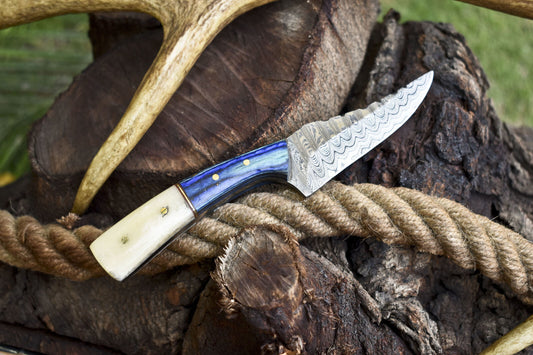 Hand Forged Ladder Damascus Skinner Knife – Bone & Wood Handle with Leather Sheath for Hunting and Bushcraft