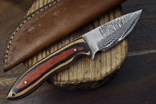 Hand Forged Ladder Damascus Skinner Knife with Hardwood Handle – Rare Handmade Hunting Blade

