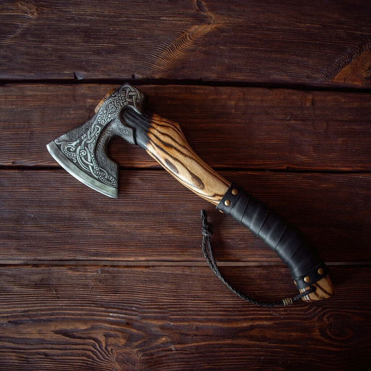 Hand Forged Ragnar Lothbrok Viking Axe Valhalla Carbon Steel Bearded Battle Hatchet with Leather Sheath