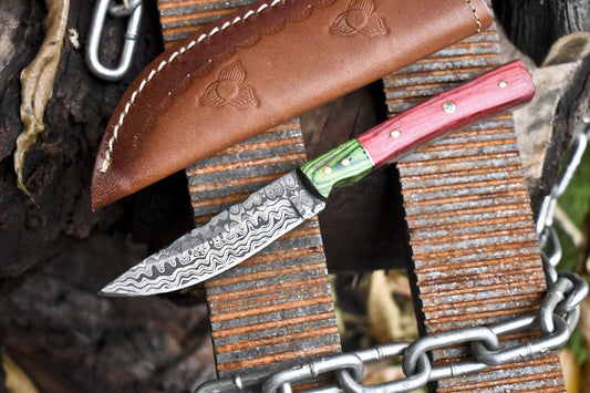 Hand Forged Rain Drop Damascus Skinner Knife – Hardwood Handle with Wooden Bolster & Leather Sheath