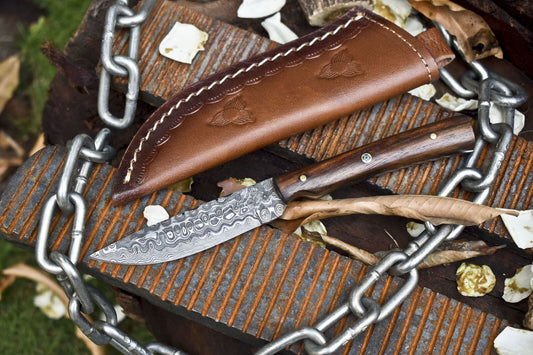 Hand Forged Rain Drop Damascus Skinner Knife – Walnut Wood Handle with Leather Sheath for Survival and Hunting