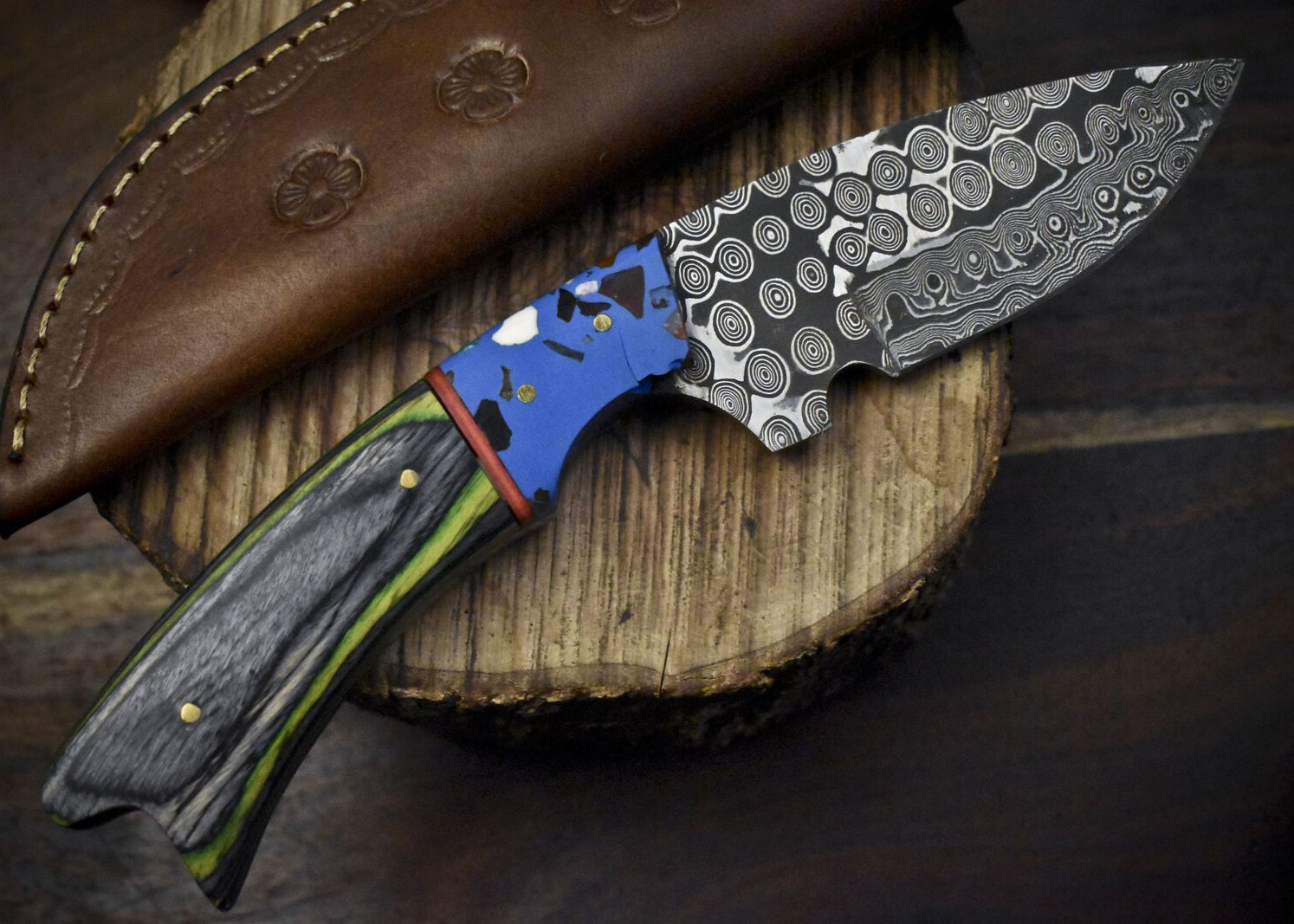 Hand Forged Raindrop Damascus Skinner Knife with Hardwood Handle and Micarta Bolster for Everyday Carry

