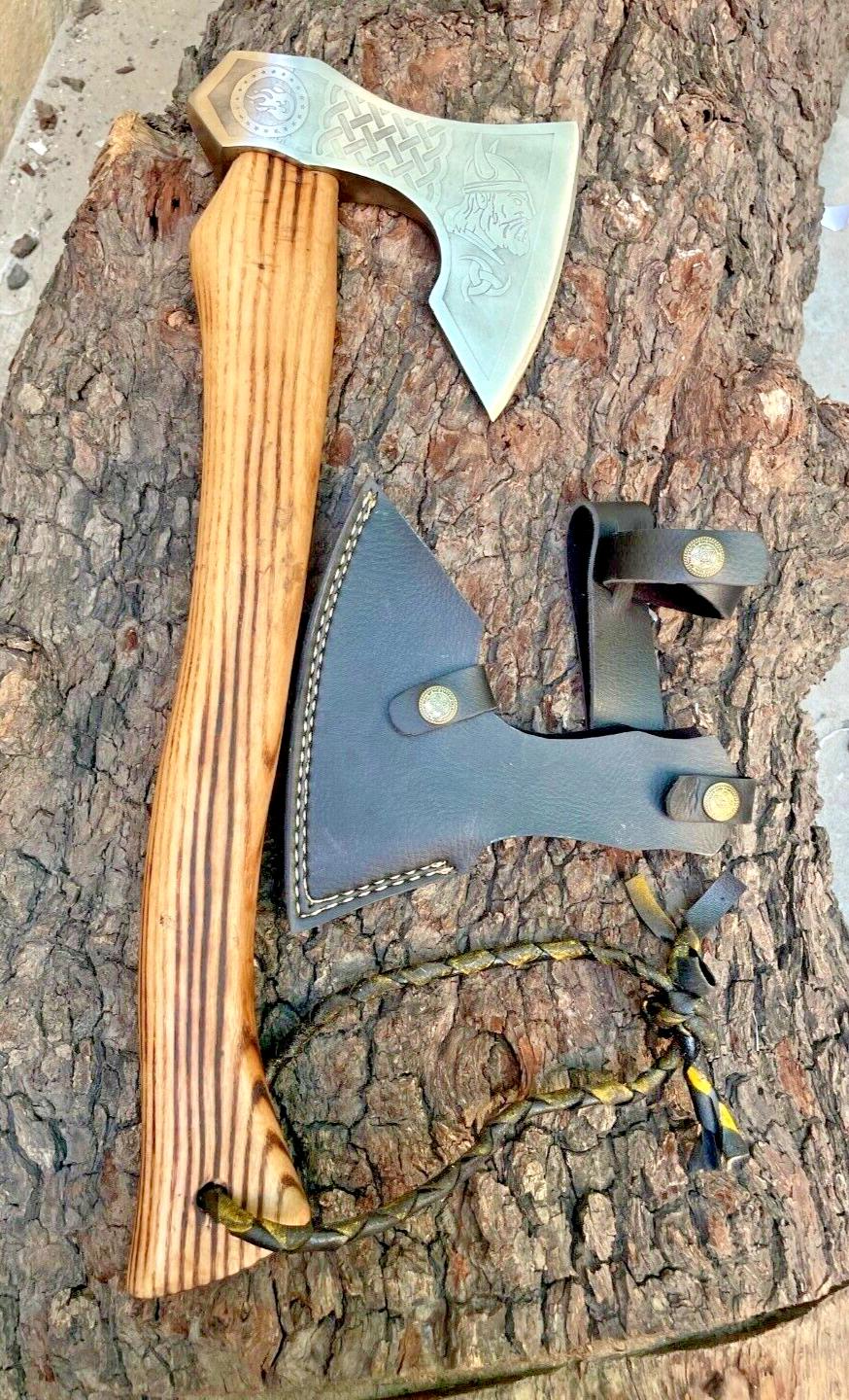 Hand Forged Replica Viking Axe with Etched Carbon Steel Head and Durable Wooden Handle for Camping and Bushcraft