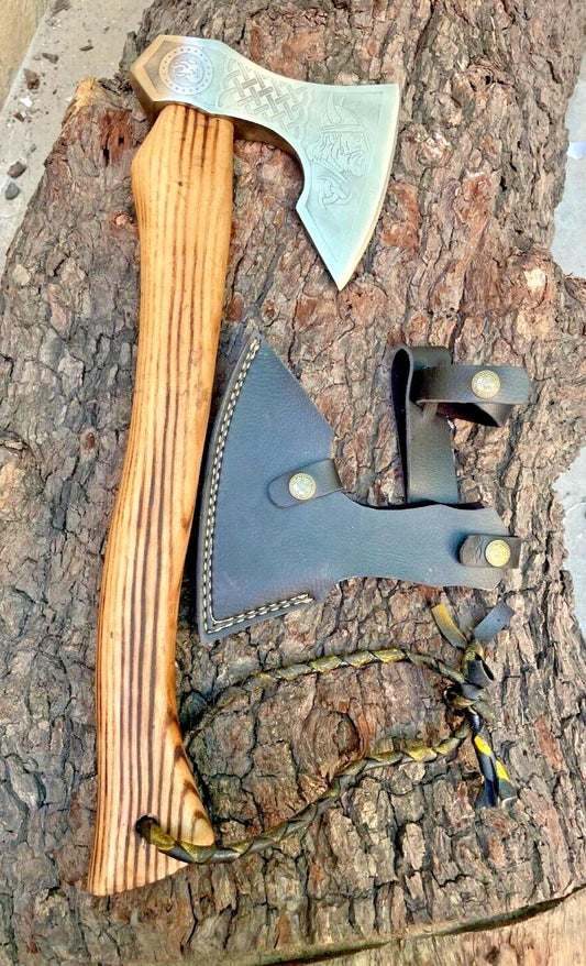 Hand Forged Replica Viking Axe with Etched Carbon Steel Head and Durable Wooden Handle for Camping and Bushcraft