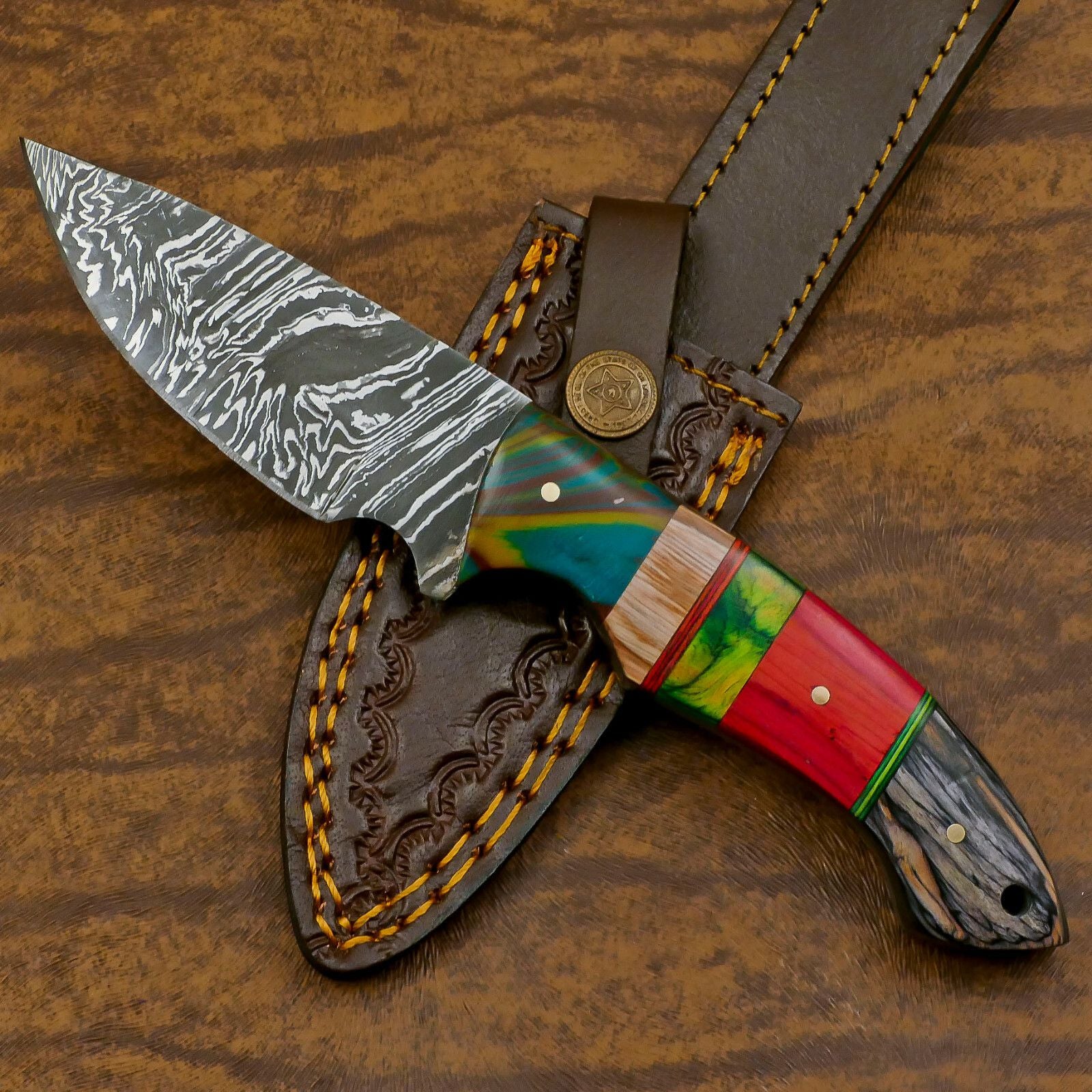 Hand Forged Resin Wood Damascus Skinner Knife – Custom EDC Hunting Fixed Blade