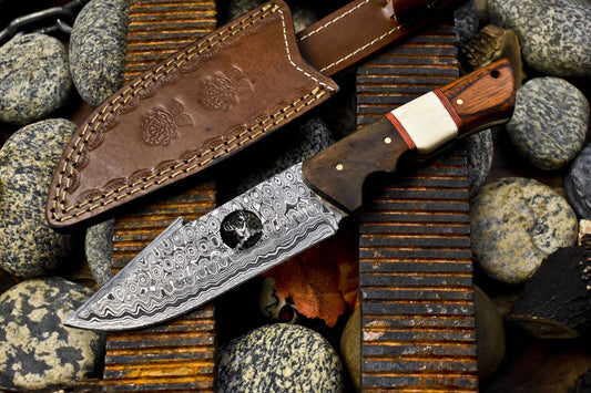 Hand Forged Skinner Knife Rain Drop Damascus Bone and Wood EDC