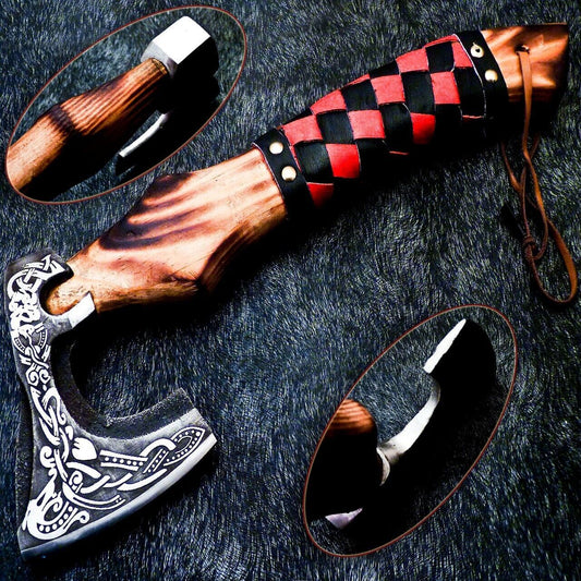 Hand Forged Steel Viking Axe Bearded Hatchet With Natural Wood Handle & Leather Sheath