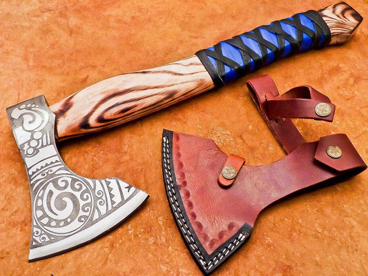 Hand Forged Steel Viking Bearded Camping Hatchet Tomahawk Axe with Natural Wood Handle and Leather Sheath