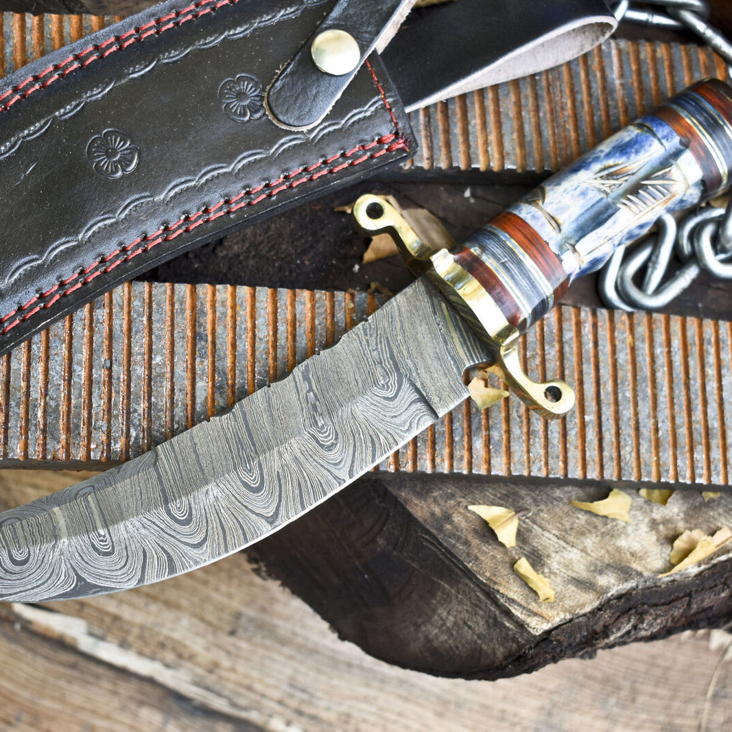 Hand Forged Twist Damascus Bowie Knife with Bone Handle and Brass Guard