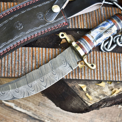 Hand Forged Twist Damascus Bowie Knife with Bone Handle and Brass Guard
