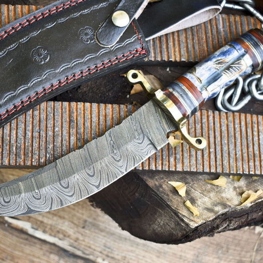 Hand Forged Twist Damascus Bowie Knife with Bone Handle and Brass Guard