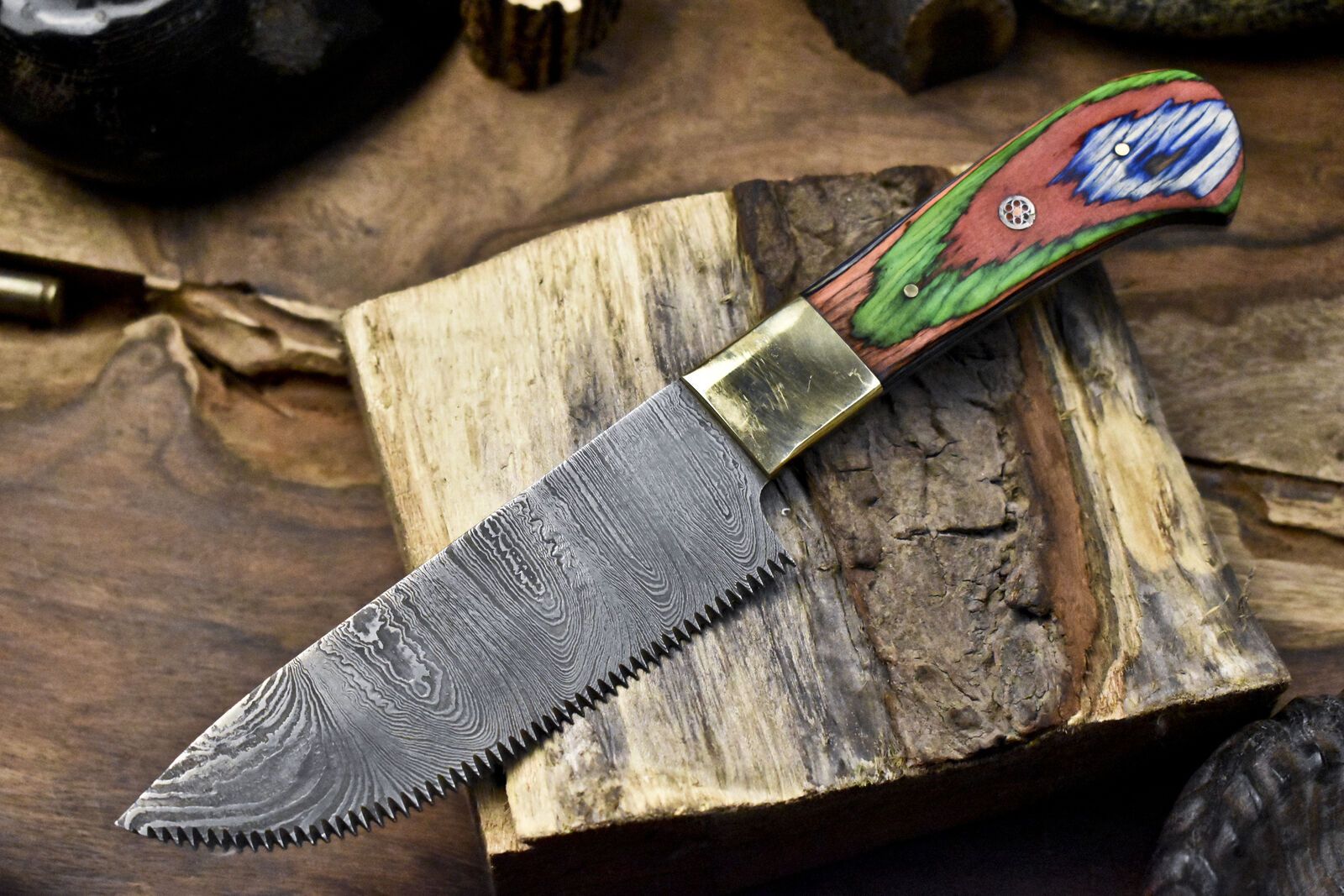 Hand Forged Twist Damascus Chef Knife with Hard Wood Handle & Brass Bolster