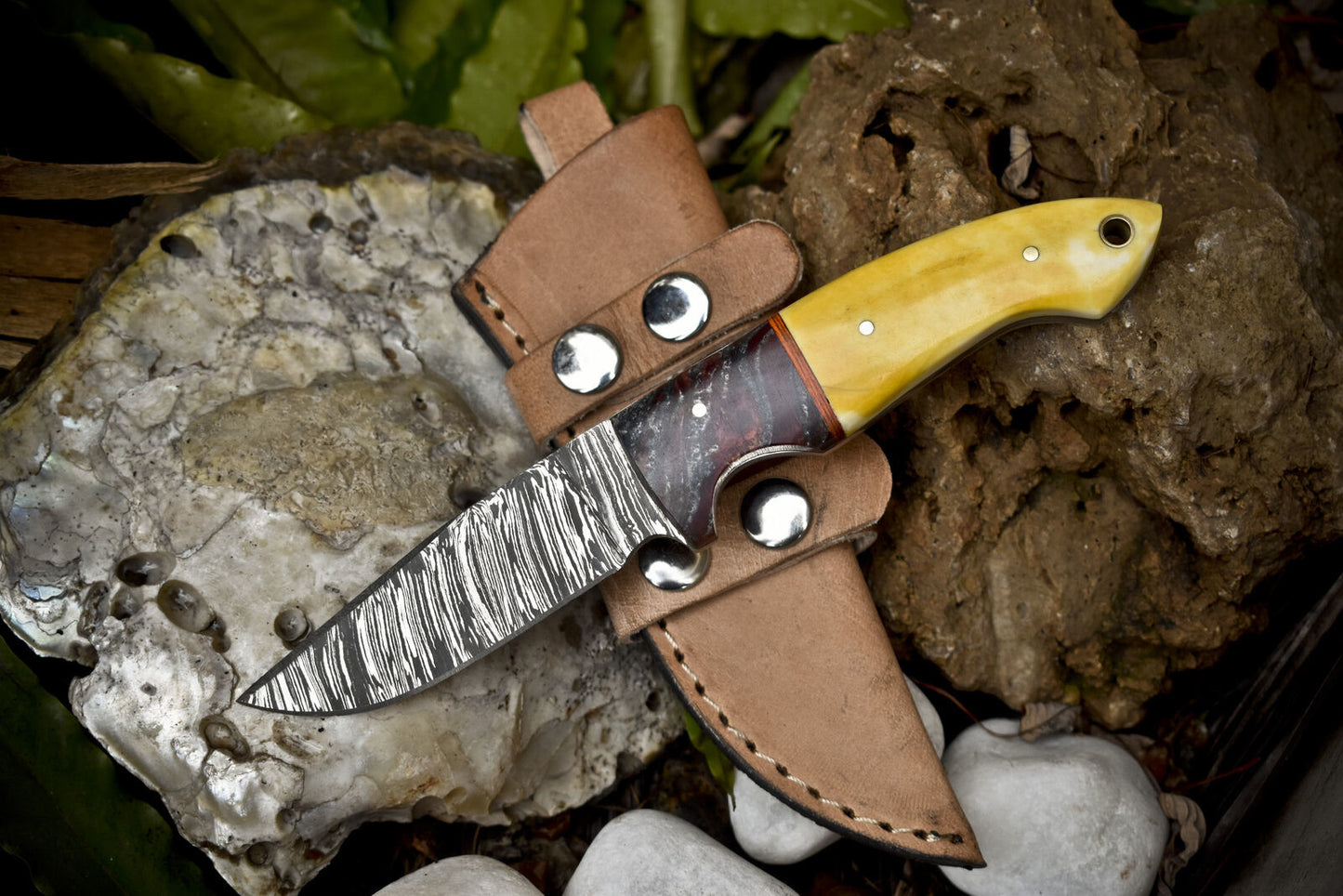 Hand Forged Twist Damascus Skinner Knife – Bone Handle with Micarta Bolster & Leather Sheath