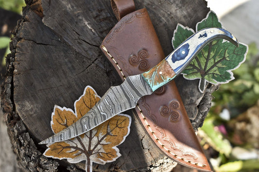 Hand Forged Twist Damascus Skinner Knife Hardwood Micarta Bolster Gift Knife
