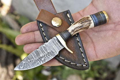 Hand Forged Twist Damascus Skinner Knife Stag Antler Handle with Brass Guard and Leather Sheath