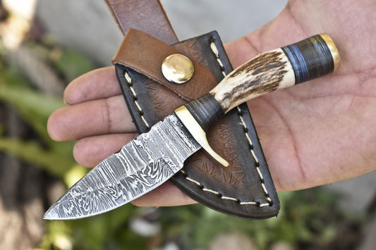Hand Forged Twist Damascus Skinner Knife Stag Antler Handle with Brass Guard and Leather Sheath