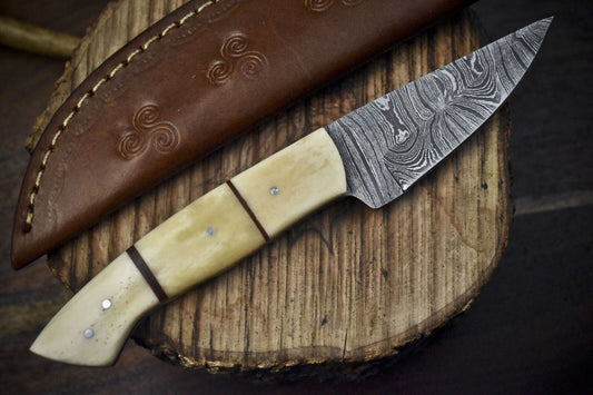 Hand Forged Twist Damascus Skinner Knife with Bone Handle – Custom Survival Collectible