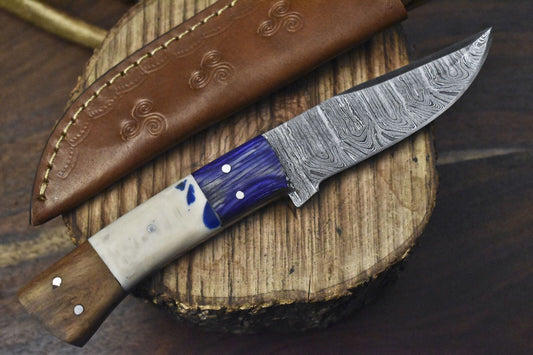Hand Forged Twist Damascus Skinner Knife with Bone Handle for Fishing and Hunting