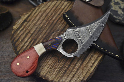 Hand Forged Twist Damascus Skinner Knife with Bone and Wood Handle – Compact EDC Hunting Tool