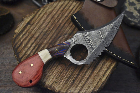 Hand Forged Twist Damascus Skinner Knife with Bone and Wood Handle – Compact EDC Hunting Tool