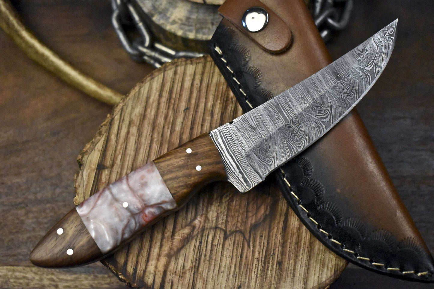 Hand Forged Twist Damascus Skinner Knife with Corain Handle for Camping and Hunting