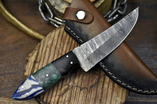 Hand Forged Twist Damascus Skinner Knife with Corian Handle | Custom Hunting Survival Blade