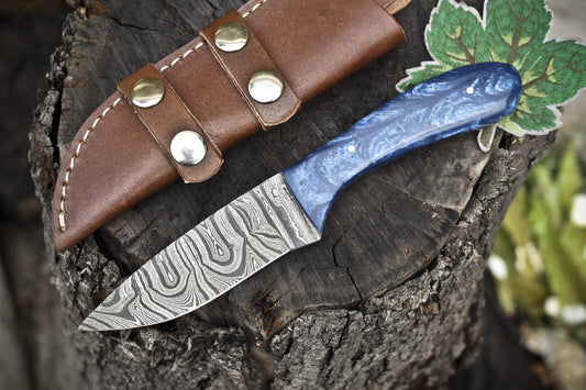 Hand Forged Twist Damascus Skinner Knife with Corian Handle EDC Veterans Gift