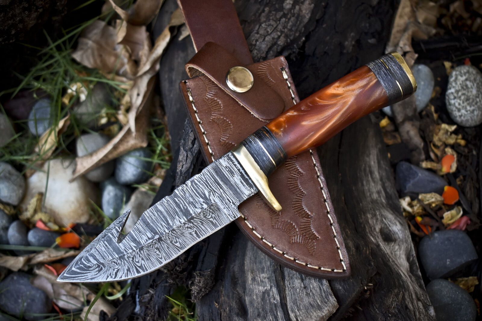 Hand Forged Twist Damascus Skinner Knife with Gut Hook Corian Handle and Leather Sheath