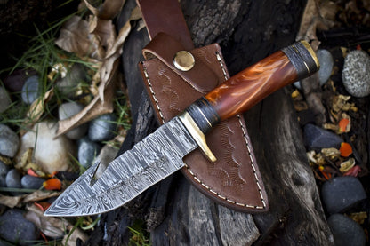Hand Forged Twist Damascus Skinner Knife with Gut Hook Corian Handle and Leather Sheath