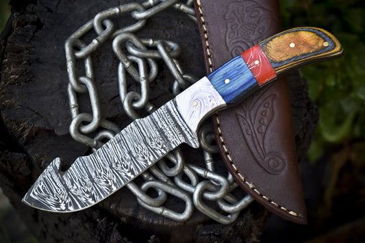 Hand Forged Twist Damascus Skinner Knife with Gut Hook and Hard Wood Handle for Hiking and Hunting