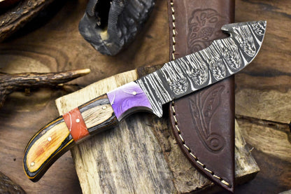 Hand Forged Twist Damascus Skinner Knife with Gut Hook and Hardwood Handle – Custom Hunting Knife with Leather Sheath